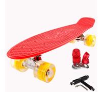 FunTomia Planche à roulettes Mini-Board Skateboard 57cm - avec roulements ABEC-11 - Style Retro Cruiser en Plastique (Rouge - avec LED Roues Jaune + T-Tool)