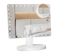 FUNTOUCH Grand miroir de maquillage lumineux avec lumières, miroir lumineux avec petit grossissement 10x pour bureau, écran tactile rotatif à 360°, luminosité réglable