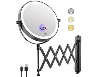 FUNTOUCH Miroir cosmétique rechargeable de 4000 mAh avec grossissement 1X | 3 couleurs d'éclairage - Miroir de maquillage à bras allongé, rotatif à 360° - Miroir mural pour salle de bain et hôtel (noir