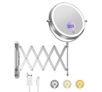 FUNTOUCH Miroir cosmétique rechargeable par USB avec grossissement 1X/30X, éclairage 3 couleurs, 4000 mAh, miroir de maquillage à bras prolongé, miroir mural rotatif à 360° pour salle de bain et hôtel