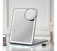 FUNTOUCH Miroir de maquillage de voyage pliable, rechargeable, 1800 mA, 3 couleurs à intensité variable, miroir de maquillage ultra fin avec lumières