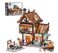 FUNWHOLE Atelier de Couture médiéval avec LED - 1994 pièces, bâtiment Historique avec 5 Figurines et Accessoires - pour dioramas médiévaux - pour constructeurs dès 16 Ans