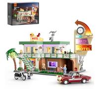 FUNWHOLE City Car-Motel - Ensemble de Briques rétro avec éclairage, modèle de Voiture et Moto de Road Trip, 1970 pièces pour Adultes et Adolescents