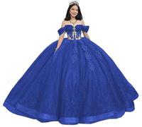 Fuomomo Robes de Quinceanera en Dentelle à épaules dénudées Robe de Bal en Tulle Bouffant avec Traine Sparkly Beaded Sweet 15 16 Robes
