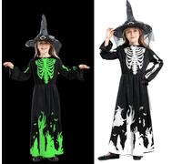FuouYA Costume Squelette, Costume De SorcièRe Pour Enfants,Costume D'Halloween Pour Filles, DéGuisement Squelette Enfant, Glow In The Dark, Pour Halloween, Carnaval,Cosplay M