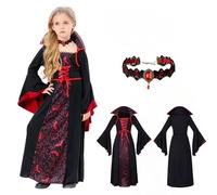 FuouYA Deguisement Vampire Enfant,Deguisement Vampire Fille,Halloween Vampire Costume Avec Un Collier De Rubis,Costume Halloween Enfant Fille,Pour Halloween Carnaval Cosplay FêTe à ThèMe 110