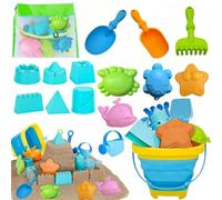 FuouYA Jouet De Plage,16 PièCes Ensemble De Jouet De Plage,Seau Pliable, Arrosoir Enfant,Rateau,ModèLe De Sable,Jouets De Plage ModèLe De Plage Sea Life,Sac en Filet Jouets De Plage pour Enfants