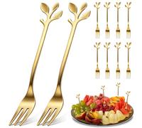FUOYLOO Lot de 10 Fourchettes Dorées en Acier Inoxydable, Petites, Motif Feuille d'Or, pour Amuse-Gueules et Repas en Plein Air