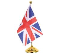FUOYLOO Mini drapeau de bureau britannique : drapeau de bureau du Royaume-Uni avec mât - base et sommet dorés - idéal pour la décoration de la maison ou du, ou pour les fêtes.