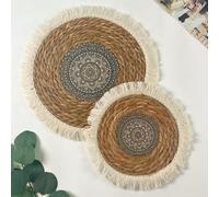 FUPOHUA 1 Set de Table Rond en Osier Naturel et Coton tissé à Pompons, 25/35 cm, en Paille d'eau tressée, Tapis de Table à Manger en rotin