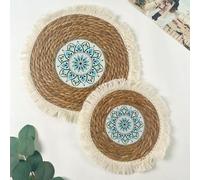 FUPOHUA 1 Set de Table Rond en Osier Naturel et Coton tissé à Pompons, 25/35 cm, en Paille d'eau tressée, Tapis de Table à Manger en rotin