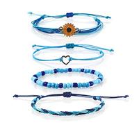 Fuqimanman2020 Lot de 4 bracelets de cheville d'été tressés avec motif vague de tournesol - Style bohème - Étanche - Fait à la main - Pour femme, Corde, Cordon