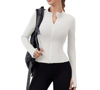 Fuqimman Veste de sport pour femme avec poches intégrées - Coupe ajustée - Fermeture éclair intégrale - Pour entraînement, yoga, gym - Avec trous pour les pouces, blanc, Small