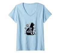 Fur of The Moment Animal fantaisiste Motif Patte de Chat T-Shirt avec Col en V, Femme, Bleu Céleste, XL