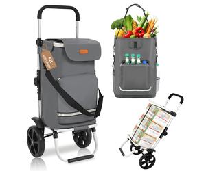 Furbulous Chariot de courses pliable avec compartiment réfrigérant, chariot de transport et sac à dos, 3-en-1, capacité 43 L et sangle de fixation, chariot pliable avec roues, pour courses et courses