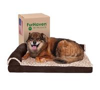 Furhaven Large Memory Foam Dog Bed Two-Tone Faux Fur & Suede L Shaped Chaise w/Removable Washable Cover - Espresso, Large