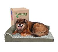 Furhaven Large Memory Foam Dog Bed Two-Tone Faux Fur & Suede L Shaped Chaise w/Removable Washable Cover - Dark Sage, Large