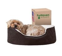 FurHaven Lit orthopédique pour Chien de Petite Taille avec Housse Amovible Lavable, pour Chiens jusqu'à 5,4 kg - Chaise Longue Ovale Sherpa et Daim - Espresso, S