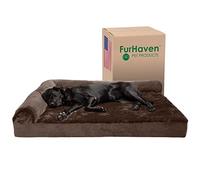 Furhaven Lit pour Chien en Gel rafraîchissant pour Grands Chiens avec traversins Amovibles et Housse Lavable, pour Chiens jusqu'à 56,7 kg - Chaise en Peluche et Velours en Forme de L - Marron Sable,