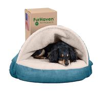 Furhaven Lit Rond en Gel rafraîchissant de 66 cm pour Chiens de Taille Moyenne/Petite avec Housse Amovible Lavable, pour Chiens pesant jusqu'à 13,6 kg - Sherpa et Daim - Bleu, 66 cm