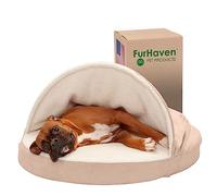 FurHaven Lit Rond en Mousse à mémoire de Forme pour Chien en Sherpa et Daim avec Housse Amovible Lavable, crème, 89 cm