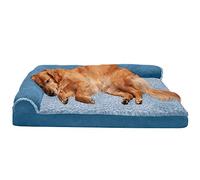 Furhaven XL Orthopedic Dog Bed Two-Tone Faux Fur & Suede L Shaped Chaise w/Removable Washable Cover - Marine Blue, Jumbo (X-Large)