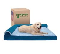 Furhaven XXL Memory Foam Dog Bed Two-Tone Faux Fur & Suede L Shaped Chaise w/Removable Washable Cover - Marine Blue, Jumbo Plus (XX-Large)