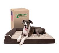 Furhaven XXL Memory Foam Dog Bed Two-Tone Faux Fur & Suede L Shaped Chaise w/Removable Washable Cover - Espresso, Jumbo Plus (XX-Large)