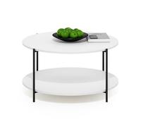 Furinno BESI Coffee Table, 2-Tier Round Coffee Table with Storage, Shelf and Metal Legs, for Living Room, Plain White