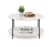 Furinno BESI Coffee Table, 2-Tier Round Coffee Table with Storage, Shelf and Metal Legs, for Living Room, Light Marble