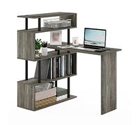 Furinno Classic L Shape Computer Desk, Gaming Desk, Office Desk with 5-Tier Shelves, for Home Office, Study, Gaming, Grey Oak