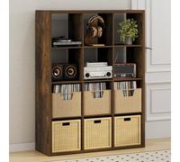 Furinno Cubicle Meuble Tourne-Disque avec Rangement pour Vinyles, 12-Cube Rangement pour Disques Vinyles 1.2 Extra Épais, Multimédia Ouverte À L'Arrière pour CD DVD Disques De Jeu Blu-Ray, Pin Ambré