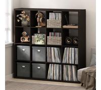 Furinno Cubicle Meuble Tourne-Disque avec Rangement pour Vinyles, 16-Cube Rangement pour Disques Vinyles 1.2 Extra Épais, Multimédia Ouverte À L'Arrière pour Multimédia, Chêne Foncé Noir