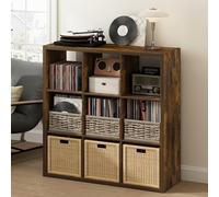 Furinno Cubicle Meuble Tourne-Disque avec Rangement pour Vinyles, 9-Cube Rangement pour Disques Vinyles 1.2 Extra Épais, Multimédia Ouverte À L'Arrière pour CD DVD Disques De Jeu Blu-Ray, Pin Ambré