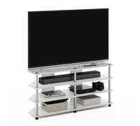 Furinno ECON Meuble TV d'angle À 4 Niveaux, Compatible avec Les Téléviseurs Jusqu'À 55 Pouces, Montage Facile, Idéal pour Le Salon Ou La Chambre, en Chêne Blanc Et Tubes en Acier Inoxydable.