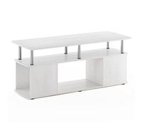 Furinno JAYA Meuble TV Centre de Divertissement avec Compartiment de Rangement Ouvert pour TV jusqu'à 50", Chêne Blanc, Tubes en Acier Inoxydable