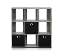 Furinno Simplistic Organisateur à 9 Cubes avec Bacs, Chêne Français Gris/Noir, Bois dense, One Size