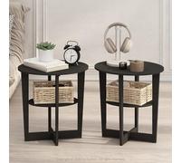 Furinno TIDUR Table de Chevet Set de 2, Table de Chevet Ovale 2 Niveaux avec Plateau aux Bords Arrondis, Table d'Appoint à Étagère Ouverte, pour Chambre, Salon, Noyer