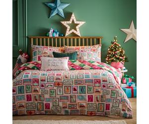 furn. Dear Santa Parure De Lit (Multicolore - Simple) | Réversible Festif Géométrique Timbres De Noël Entretien Facile Polycoton Literie