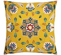 furn. Folk Flora Coussin en Polyester Garni - Résistant À L Eau Art Populaire Floral Mandala Extérieur Coussin Décoratif (Ocre - 43x43cm)