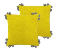 Furn. Hoola Lot de 2 Coussins Garnis de Pompons en Polyester Jaune/Gris 45 x 45 cm