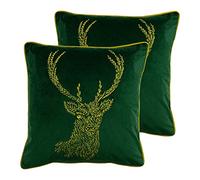 furn. Magasin. Forêt Faune Stag Coussins remplis de Polyester (Pack jumelées), Polyester, émeraude/Or