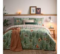 furn. Parure de lit Lodge Wood 100% Coton brossé - Vert chêne - Très Grand lit
