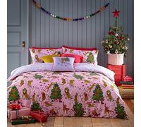 furn. Purrfect Christmas King Duvet Cover Set, Cotton, Polyester, Pink/Lilac, PURRFEC/D03/PNLI
