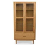 Furnhouse Nyborg Vitrine avec éclairage LED de 100 cm de large en chêne sauvage - Armoire avec système de fermeture douce - Chêne massif avec verre et finition huile naturelle - 2 portes, 2 tiroirs