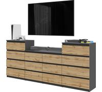 FURNICA - GABRIEL - Commode / Buffet 14 tiroirs (4+6+4) - Gris Anthracite / Chêne Wotan H92/70cm L220cm P33cm