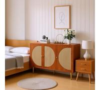FURNISH 1 Buffet en Noyer Idéal pour Ranger Vos Affaires de Nuit dans la Chambre avec 3 Portes Décorées de Rotin et des Poignées en Métal Meuble en Bois pour Ranger Vos Essentiels de Chevet