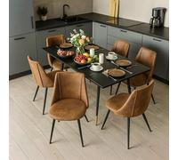 FURNISH 1 Ensemble de Cuisine 7 pièces (Table et chaises) : 1 Table à Manger Extensible en MDF Noir + 6 chaises de Salle à Manger rembourrées sans accoudoirs en Daim Marron, avec Pieds réglables