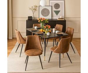 FURNISH 1 Ensemble de Salle à Manger 7 pièces : 1 Table Extensible en MDF et 6 chaises de Salle à Manger Vintage sans accoudoirs, revêtues de Daim, Style Moderne, Noir et Marron.