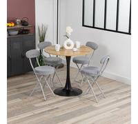 FURNISH 1 Ensemble Table et Chaises de Salle à Manger Vintage avec 4 Chaises Pliantes Scandinaves Grises en Fausse Fourrure et Une Table en Chêne et Noir pour Salle à Manger ou Cuisine